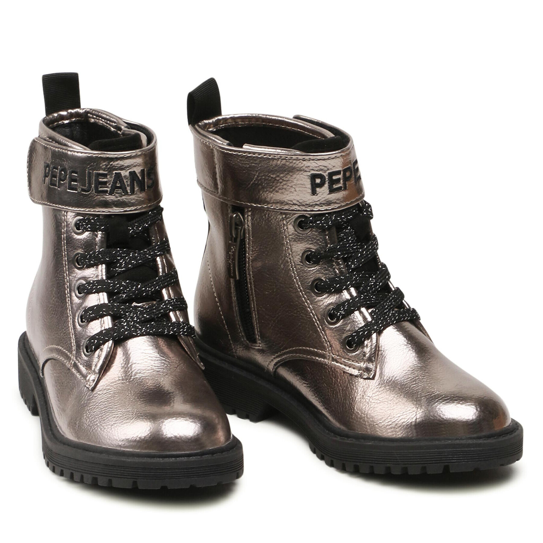 Pepe Jeans Kozačky Hatton Strap Metal PGS50168 Stříbrná - Pepit.cz