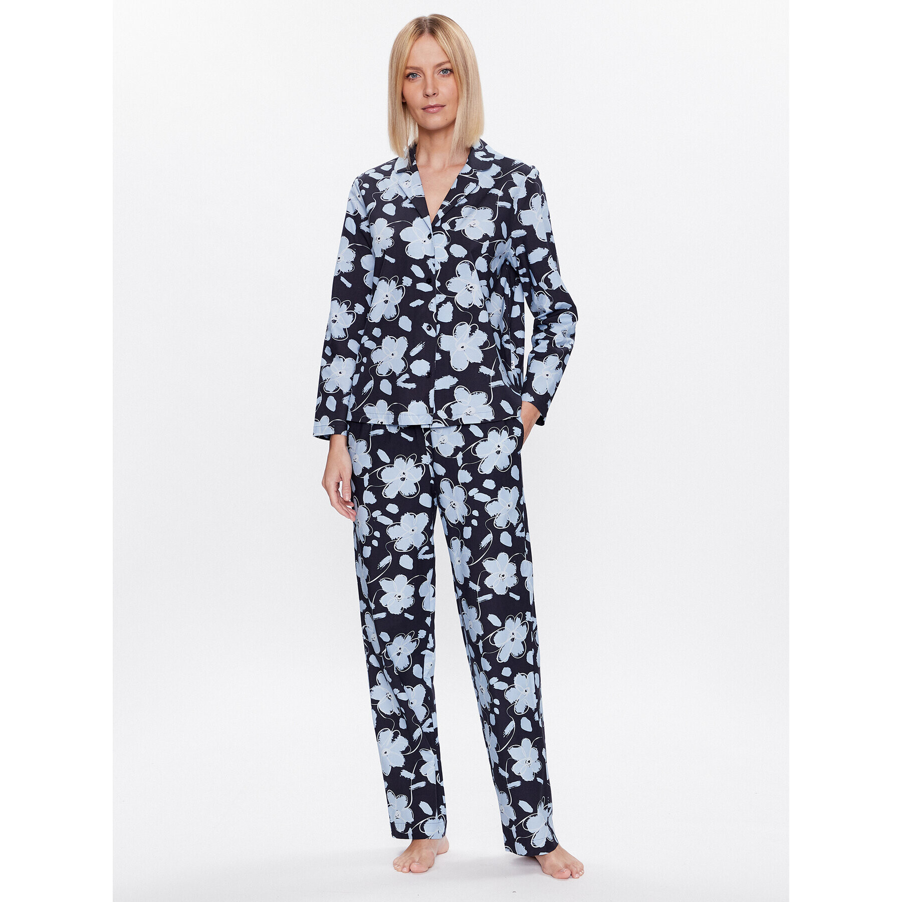 Seidensticker Pyžamo Classic Pajama Set Flowers Tmavomodrá Straight Fit - Pepit.cz