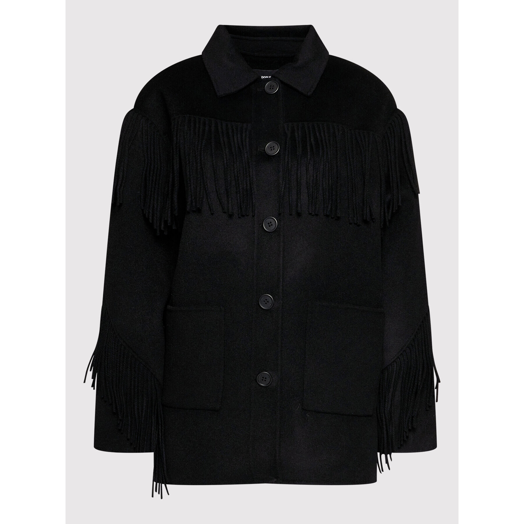 The Kooples Vlněný kabát Fringed FMAN23005K Černá Regular Fit - Pepit.cz