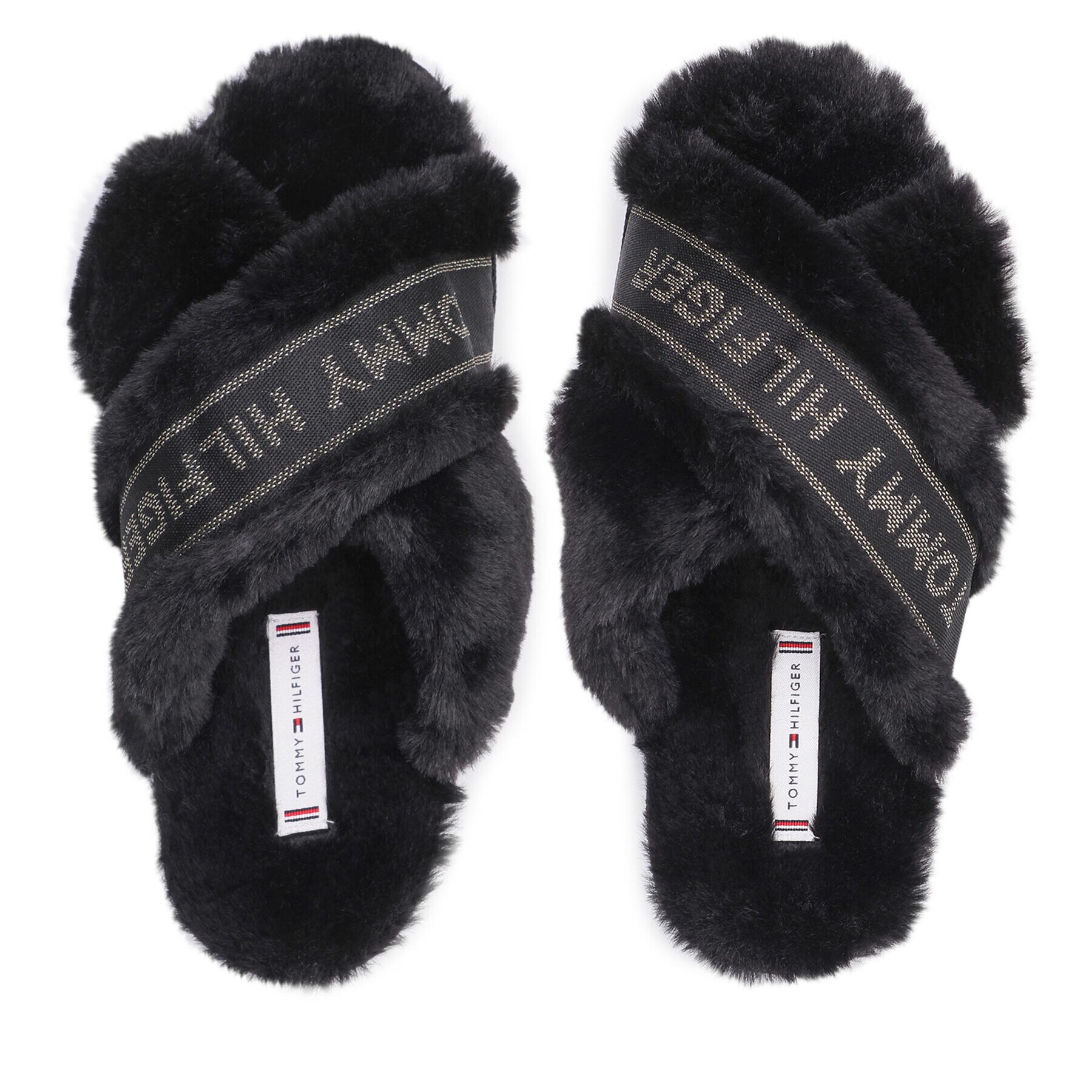 Tommy Hilfiger Bačkory Shiny Webbing Furry Slipper FW0FW06092 Černá - Pepit.cz