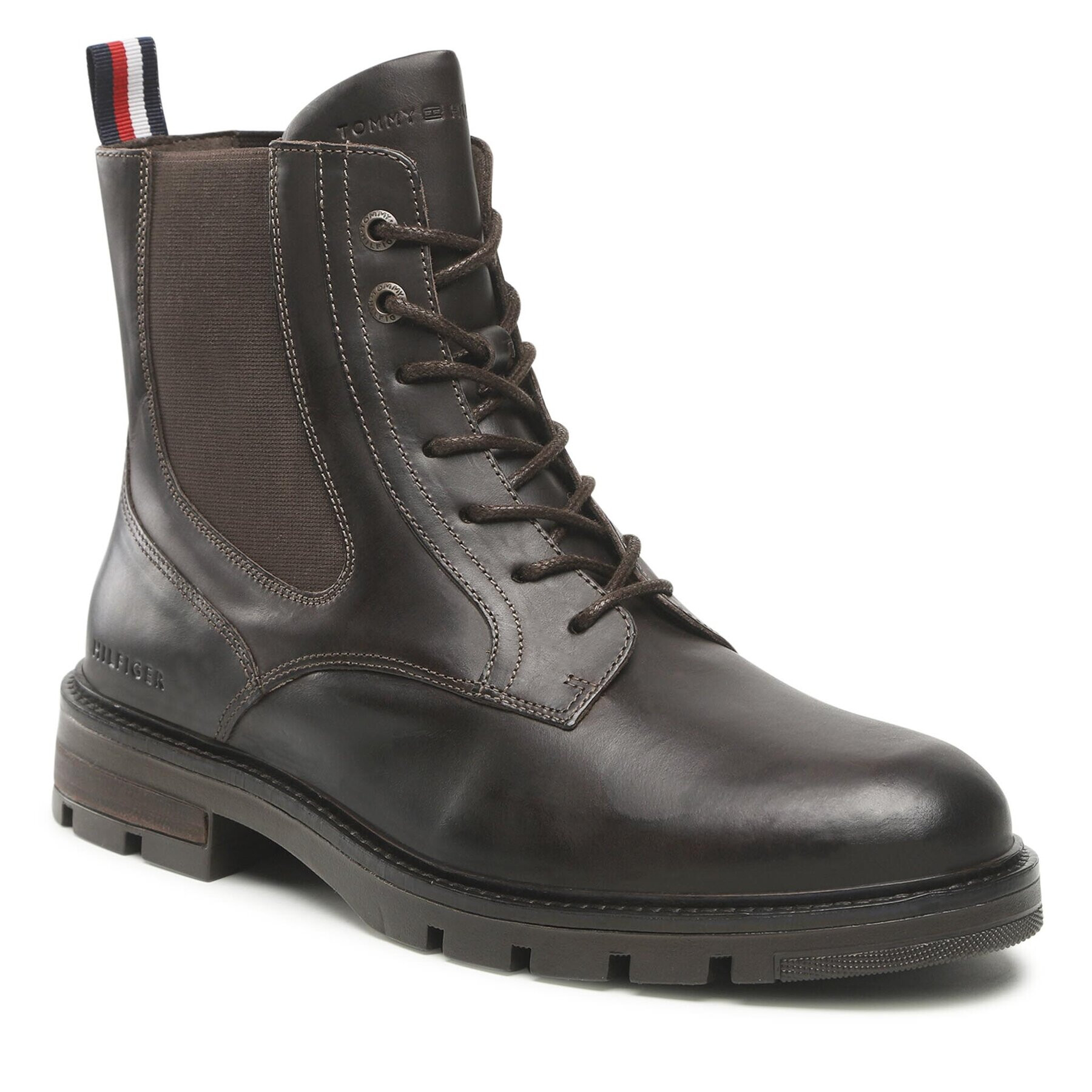 Tommy Hilfiger Kotníková obuv s elastickým prvkem Hilfiger Lth Lace Up Chel Boot FM0FM04204 Hnědá - Pepit.cz