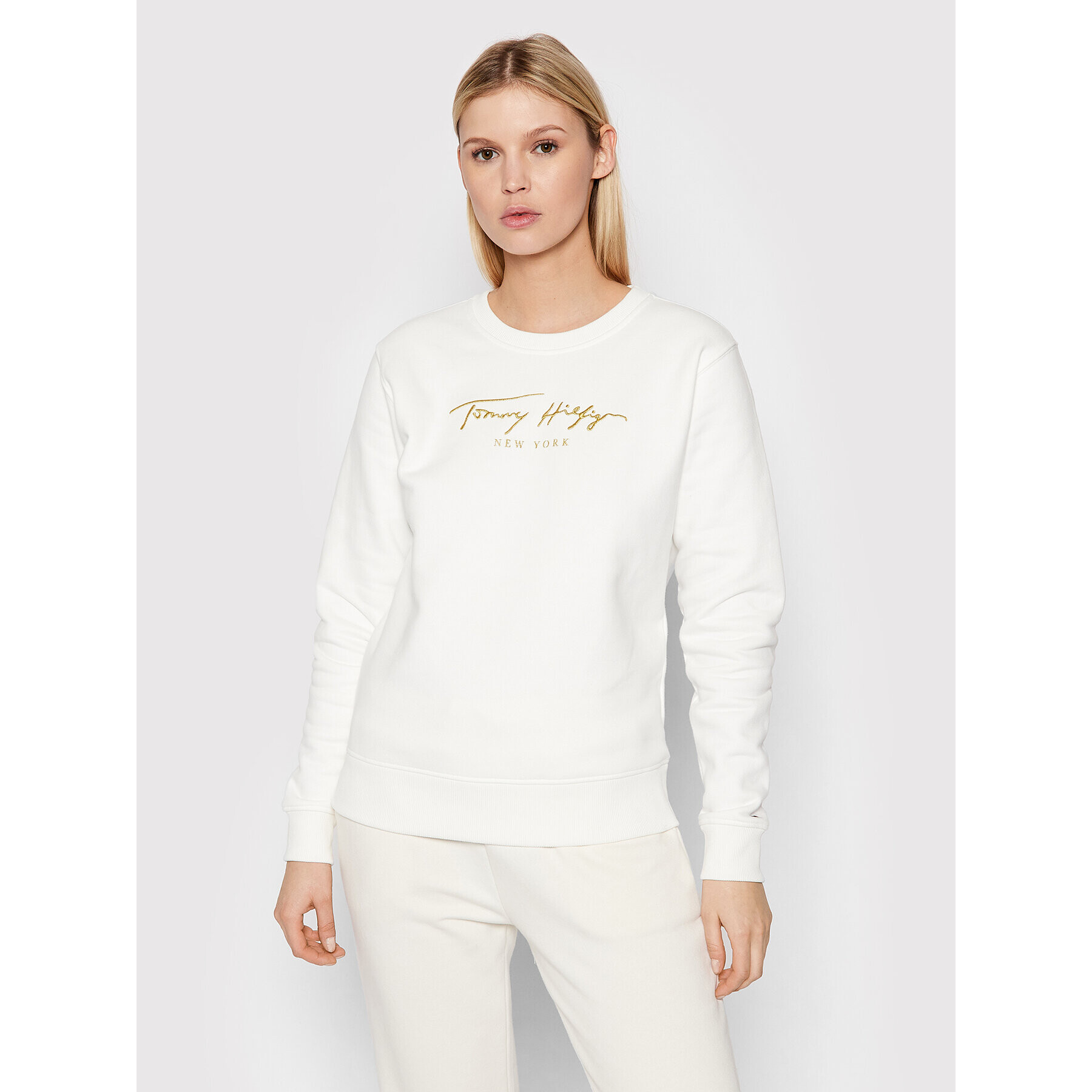 Tommy Hilfiger Mikina Fleece Gold Script WW0WW33846 Bílá Regular Fit - Pepit.cz