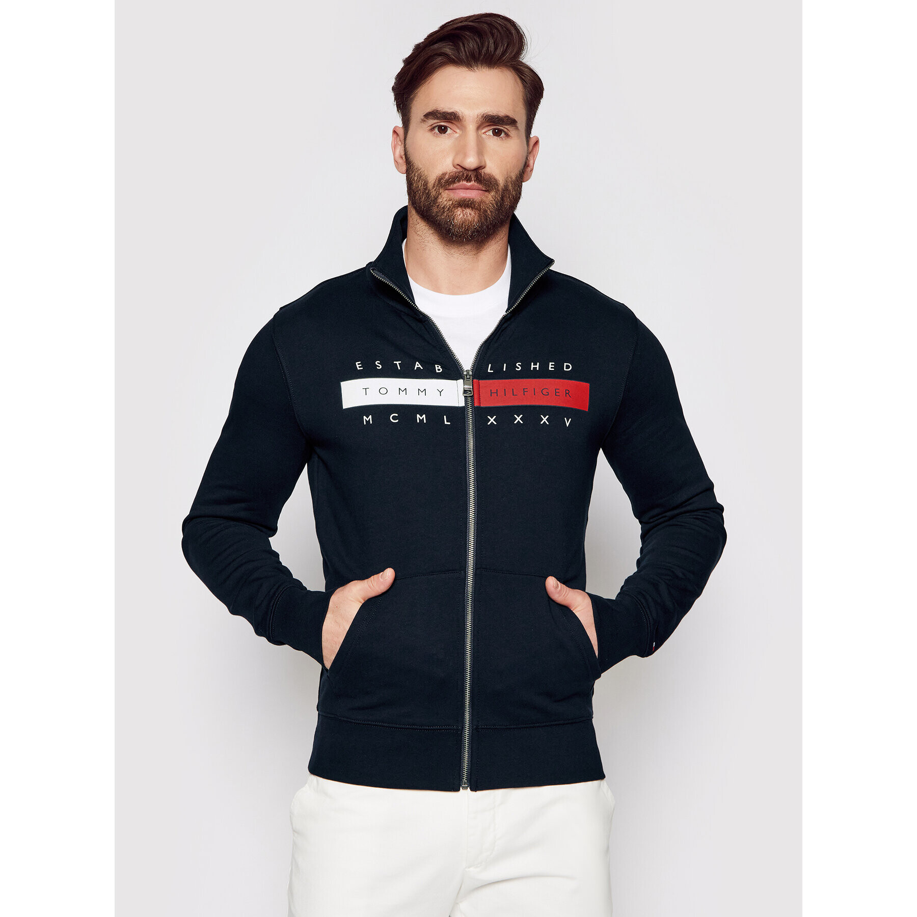 Tommy Hilfiger Mikina Global Zip Through MW0MW18367 Tmavomodrá Regular Fit - Pepit.cz