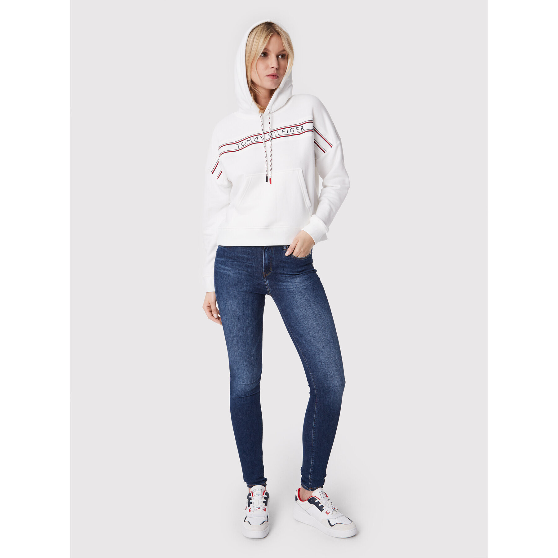 Tommy Hilfiger Mikina Signature Tape Drawstring UW0UW03582 Bílá Regular Fit - Pepit.cz