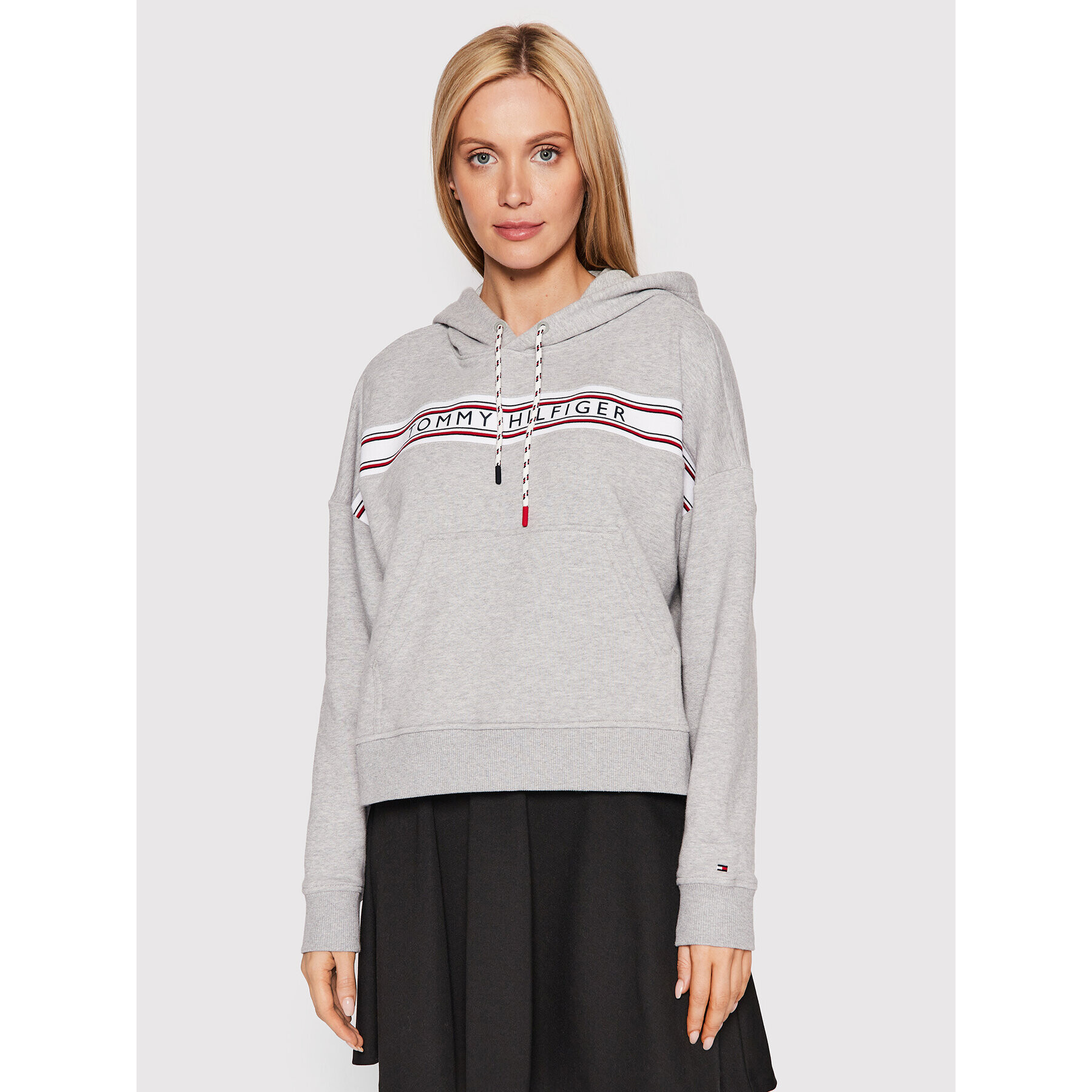 Tommy Hilfiger Mikina Signature Tape Drawstring UW0UW03582 Šedá Regular Fit - Pepit.cz