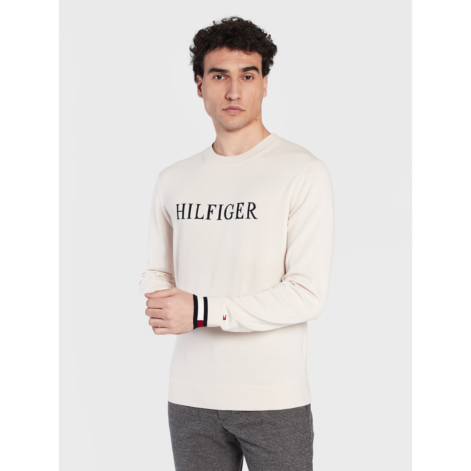 Tommy Hilfiger Svetr Flag Cuff MW0MW29045 Écru Regular Fit - Pepit.cz