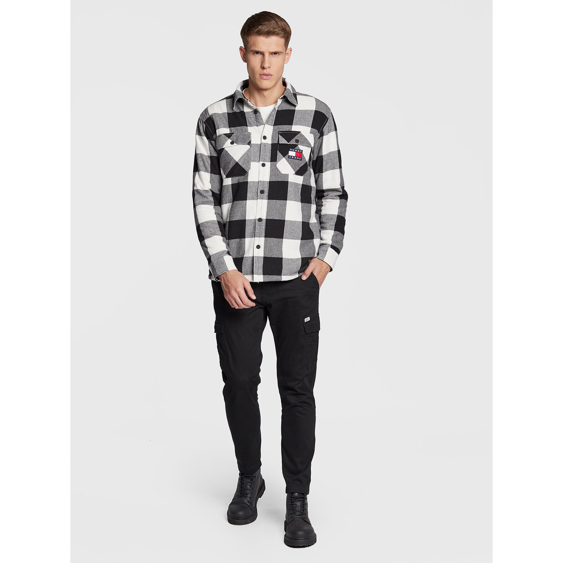 Tommy Jeans Bunda pro přechodné období Sherpa Flannel DM0DM15132 Šedá Regular Fit - Pepit.cz