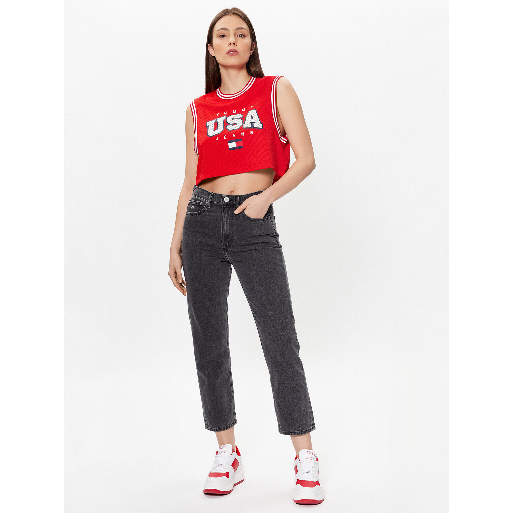 Tommy Jeans Halenka USA Basketball DW0DW15304 Červená Cropped Fit - Pepit.cz