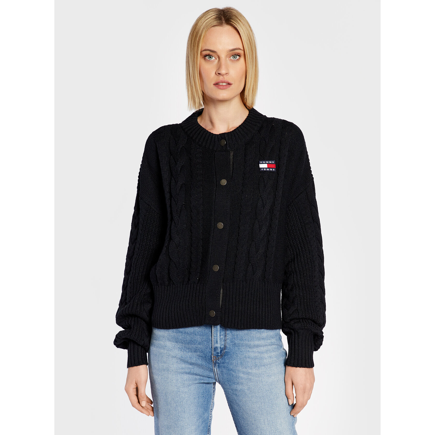 Tommy Jeans Kardigan Badge Cable DW0DW14263 Černá Oversize - Pepit.cz