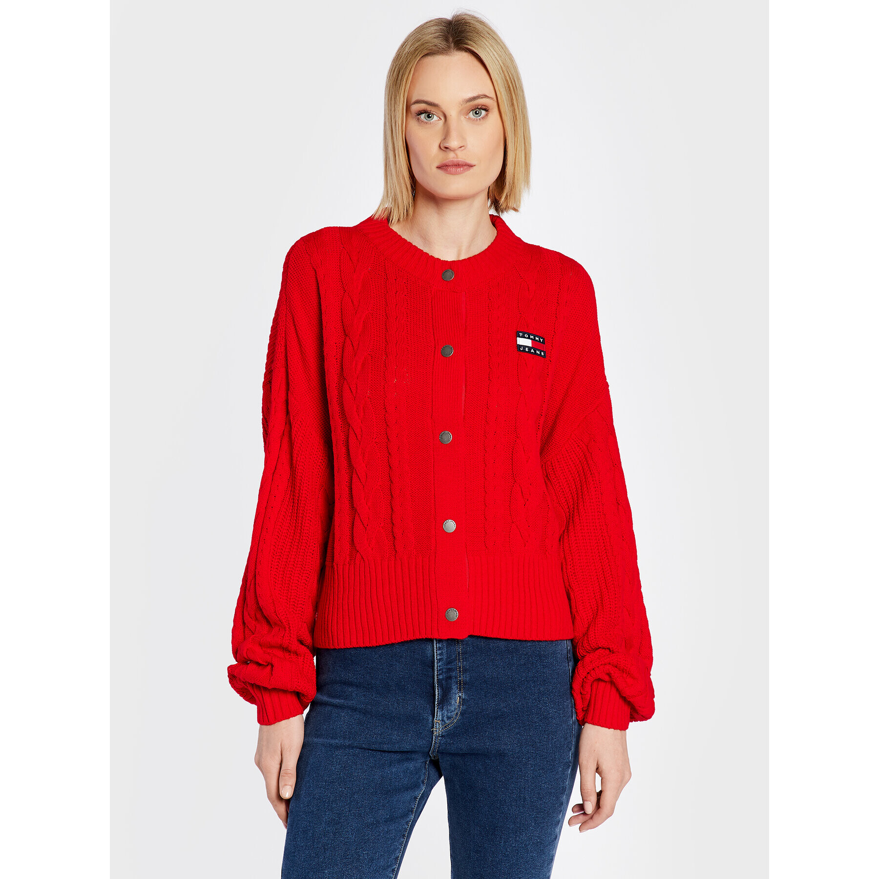 Tommy Jeans Kardigan Badge Cable DW0DW14263 Červená Oversize - Pepit.cz