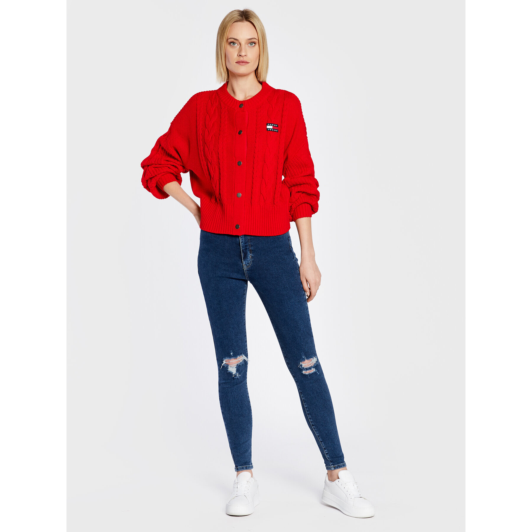 Tommy Jeans Kardigan Badge Cable DW0DW14263 Červená Oversize - Pepit.cz