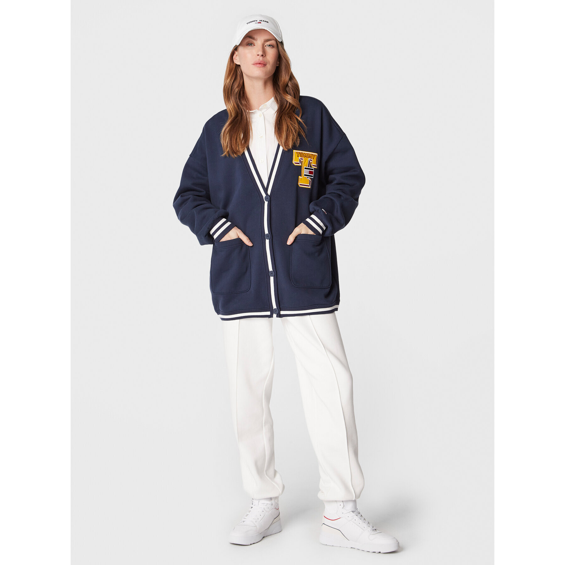 Tommy Jeans Kardigan Collegiate DW0DW14342 Tmavomodrá Oversize - Pepit.cz