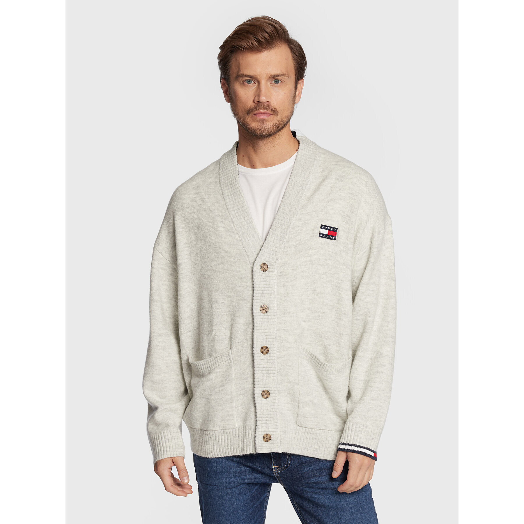 Tommy Jeans Kardigan Skater Badge DM0DM15066 Šedá Relaxed Fit - Pepit.cz