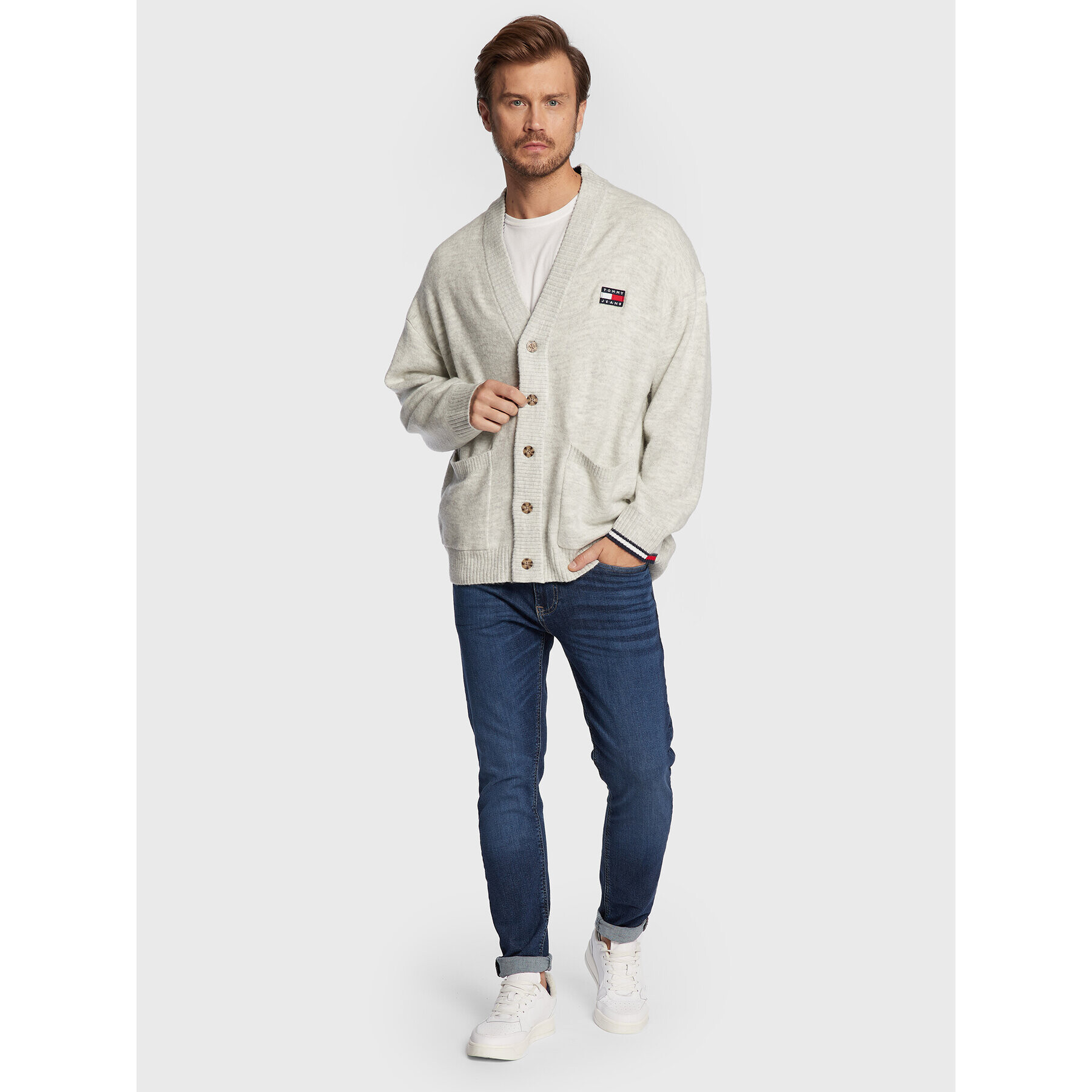 Tommy Jeans Kardigan Skater Badge DM0DM15066 Šedá Relaxed Fit - Pepit.cz