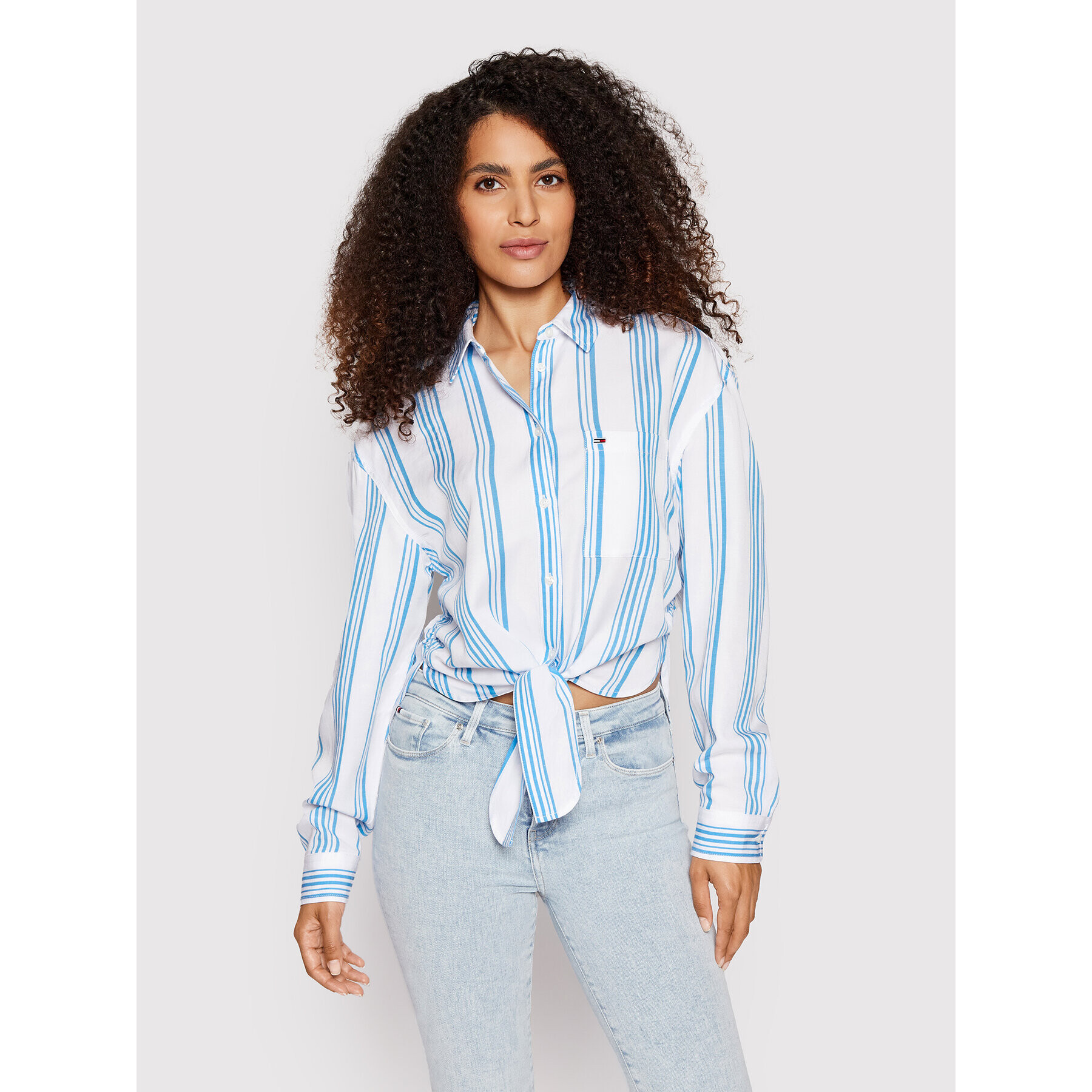 Tommy Jeans Košile Front Tie Stripe DW0DW12901 Bílá Relaxed Fit - Pepit.cz