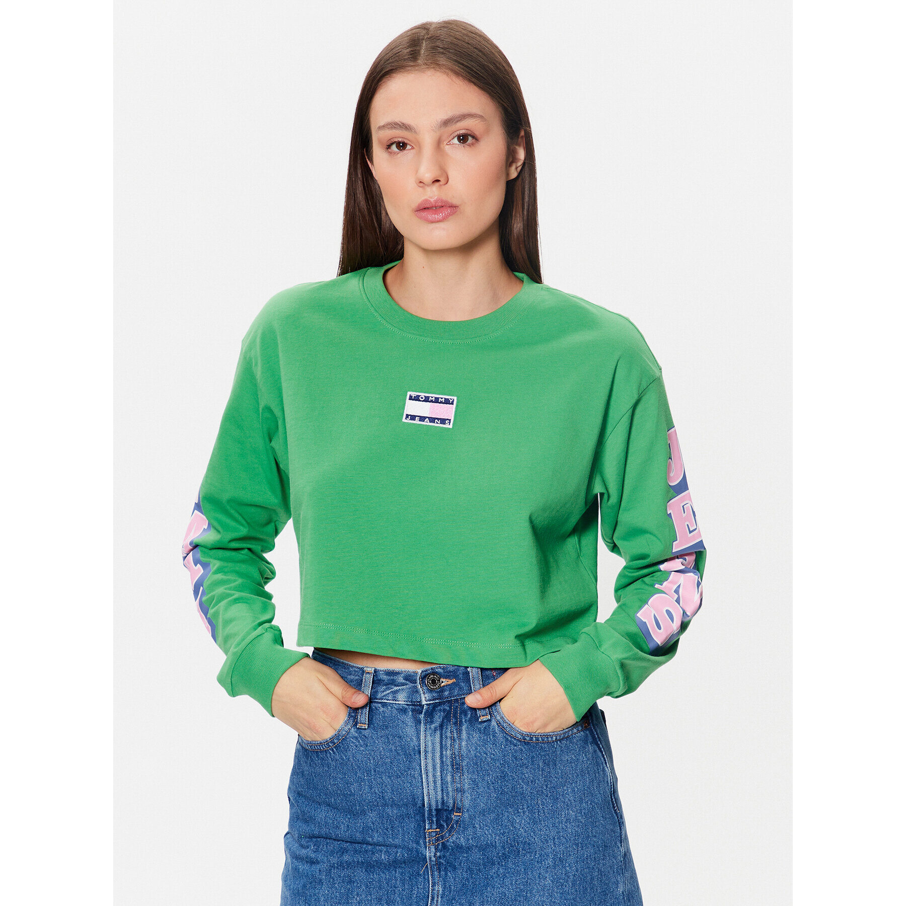 Tommy Jeans Mikina Badge DW0DW15482 Zelená Cropped Fit - Pepit.cz