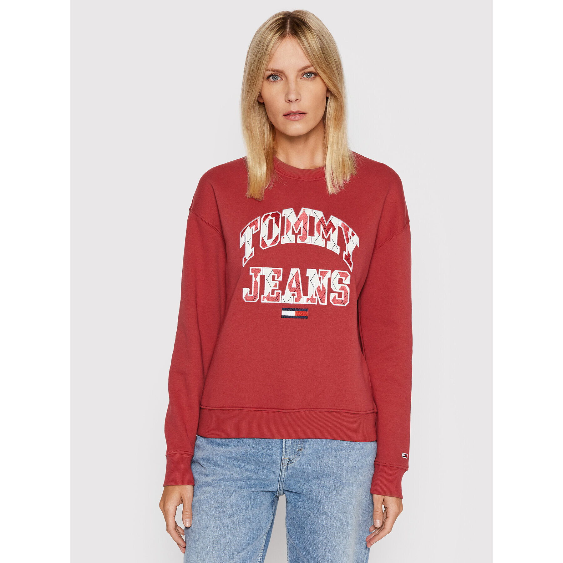 Tommy Jeans Mikina College Argyle Crew DW0DW11829 Bordó Regular Fit - Pepit.cz