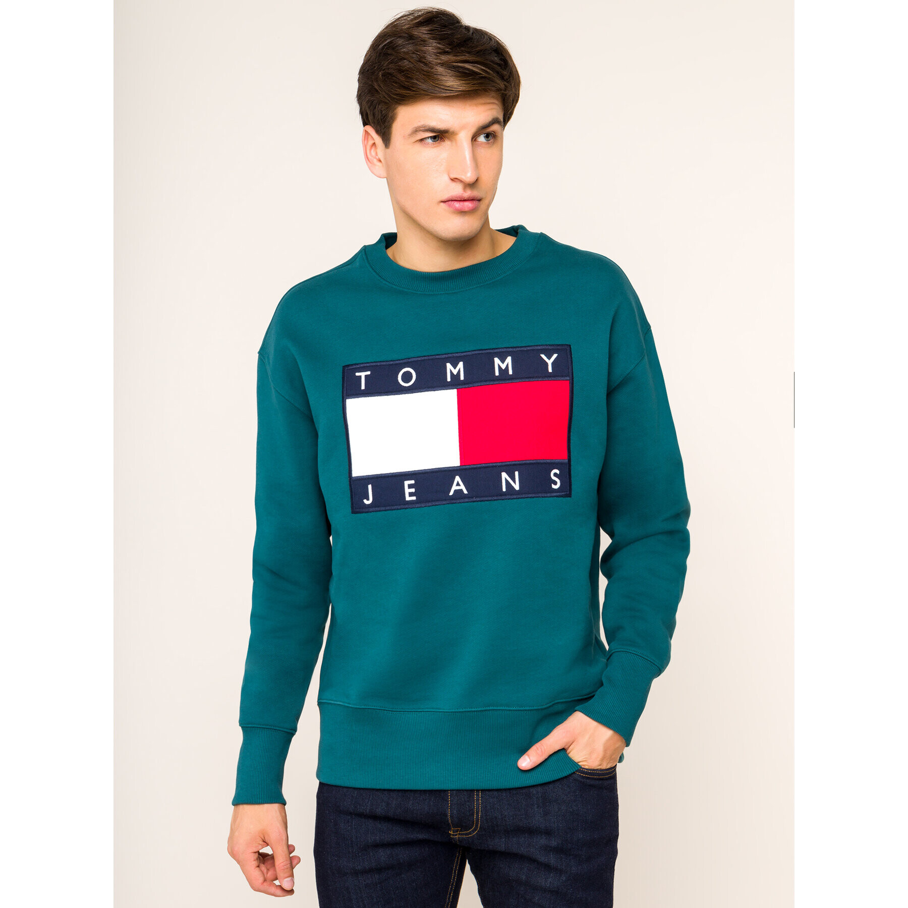 Tommy Jeans Mikina Flag Crew DM0DM07201 Zelená Regular Fit - Pepit.cz