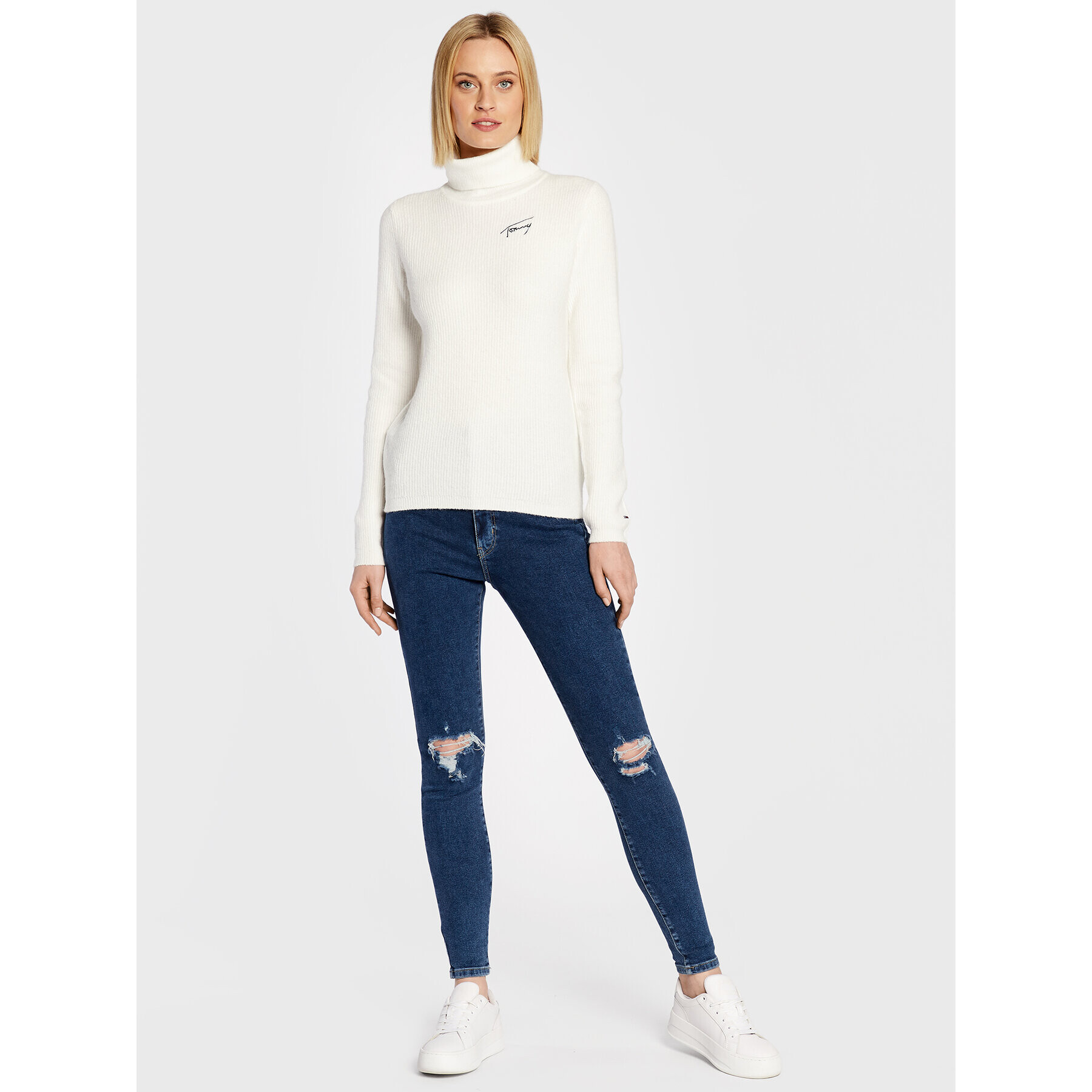 Tommy Jeans Rolák Signature Rib DW0DW14255 Écru Regular Fit - Pepit.cz