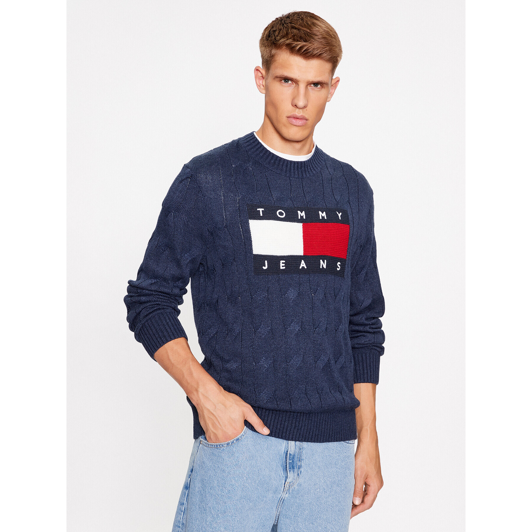 Tommy Jeans Svetr Flag DM0DM17762 Tmavomodrá Relaxed Fit - Pepit.cz