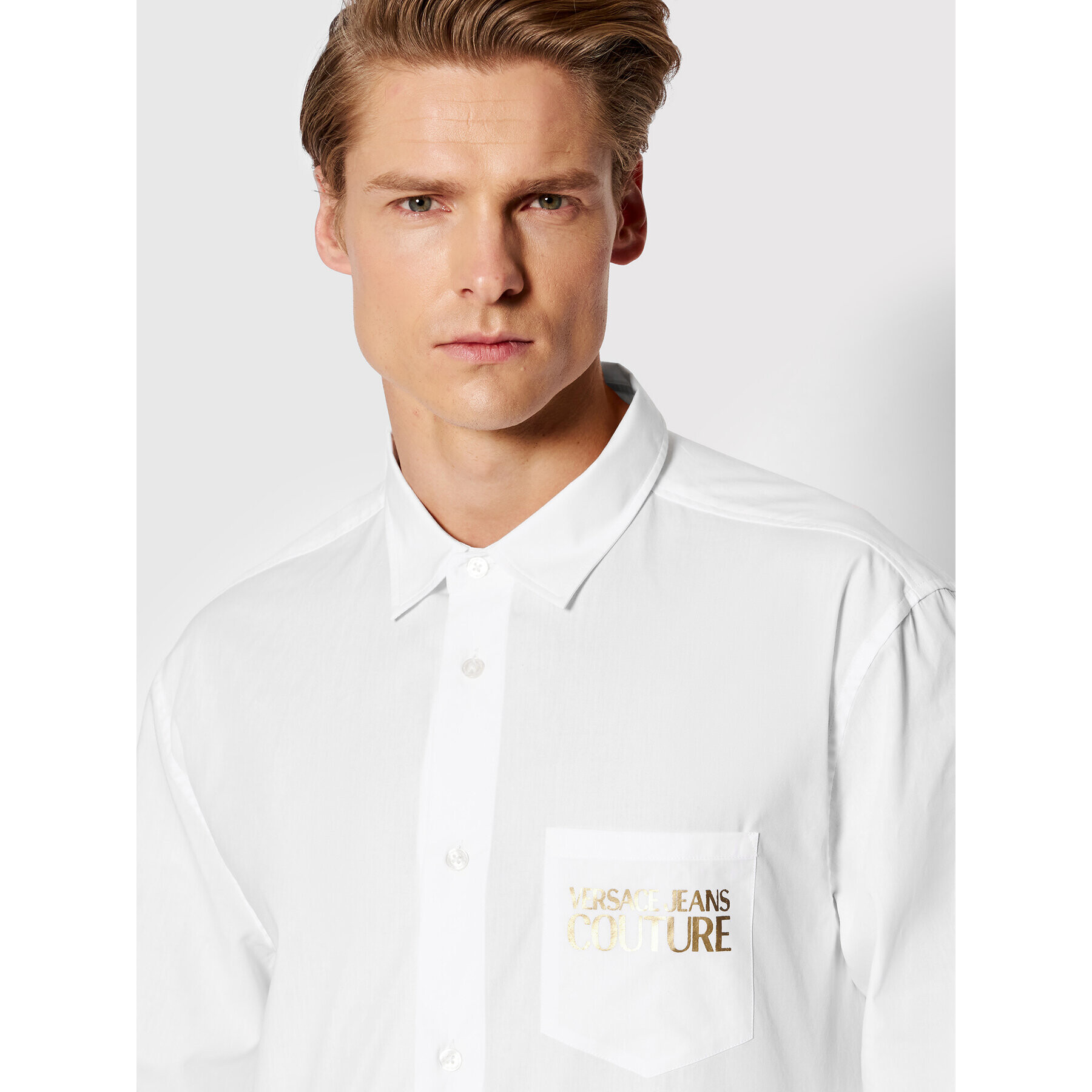 Versace Jeans Couture Košile Print Logo Gold 72GAL2R5 Bílá Regular Fit - Pepit.cz