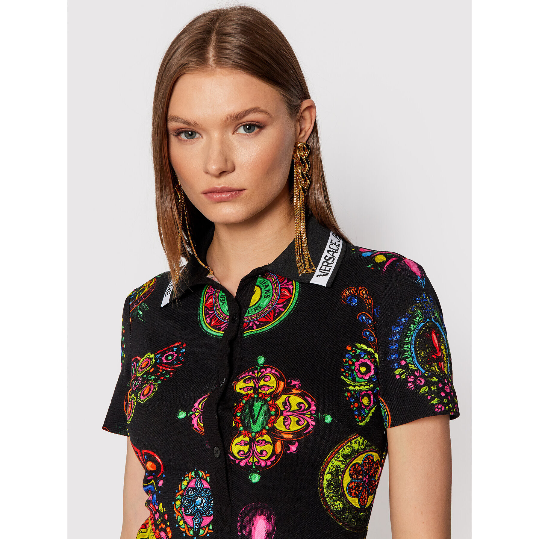 Versace Jeans Couture Košilové šaty Piquet Print Grande Bijoux 71HAO975 Černá Slim Fit - Pepit.cz