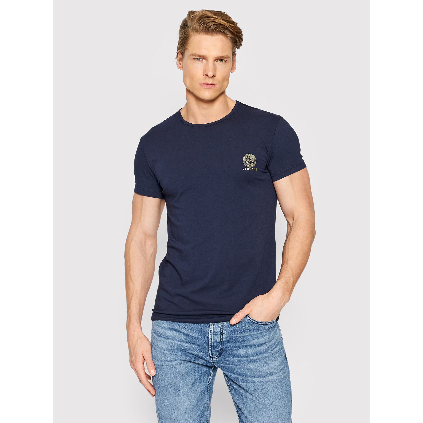 Versace T-Shirt Girocollo AUU01005 Tmavomodrá Regular Fit - Pepit.cz