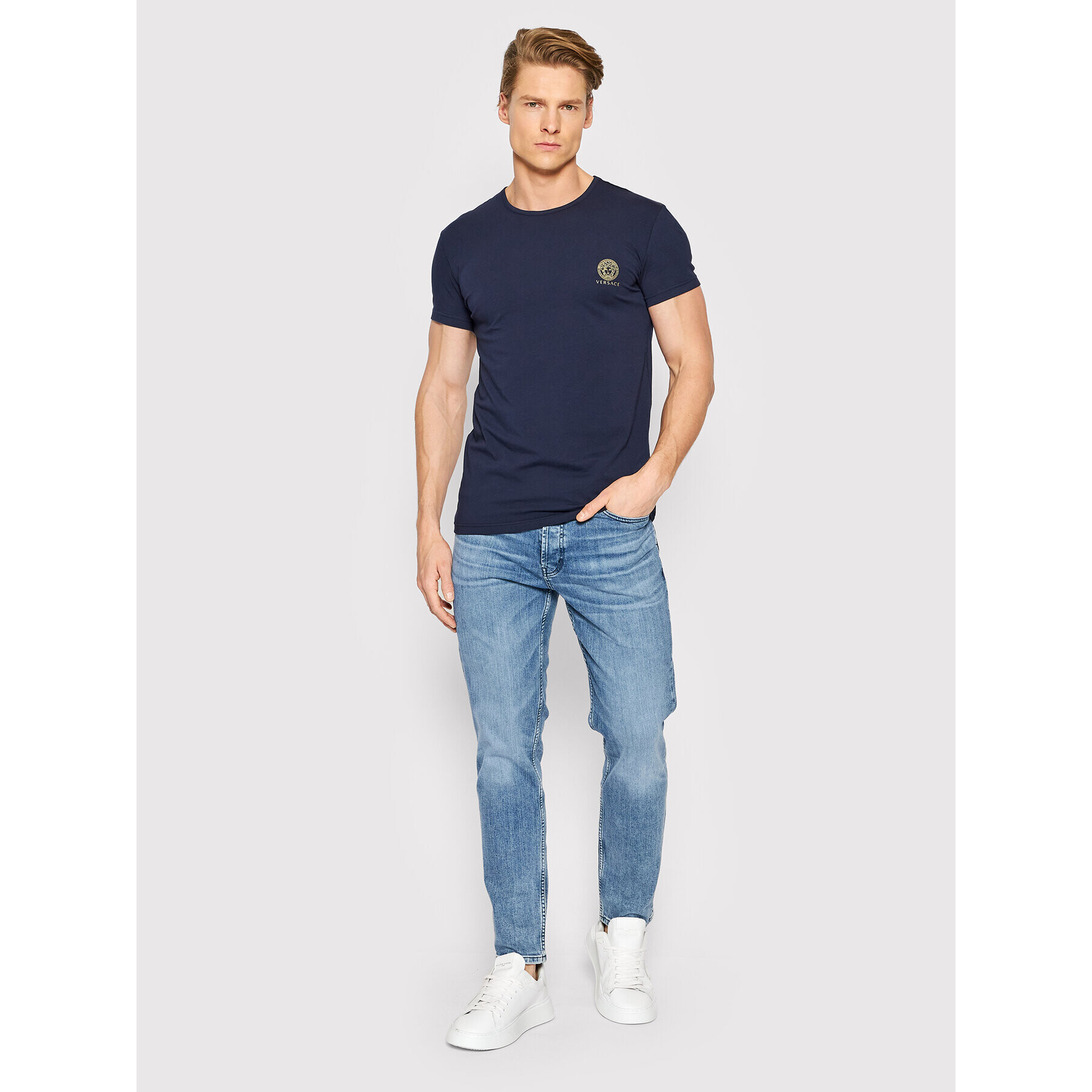 Versace T-Shirt Girocollo AUU01005 Tmavomodrá Regular Fit - Pepit.cz