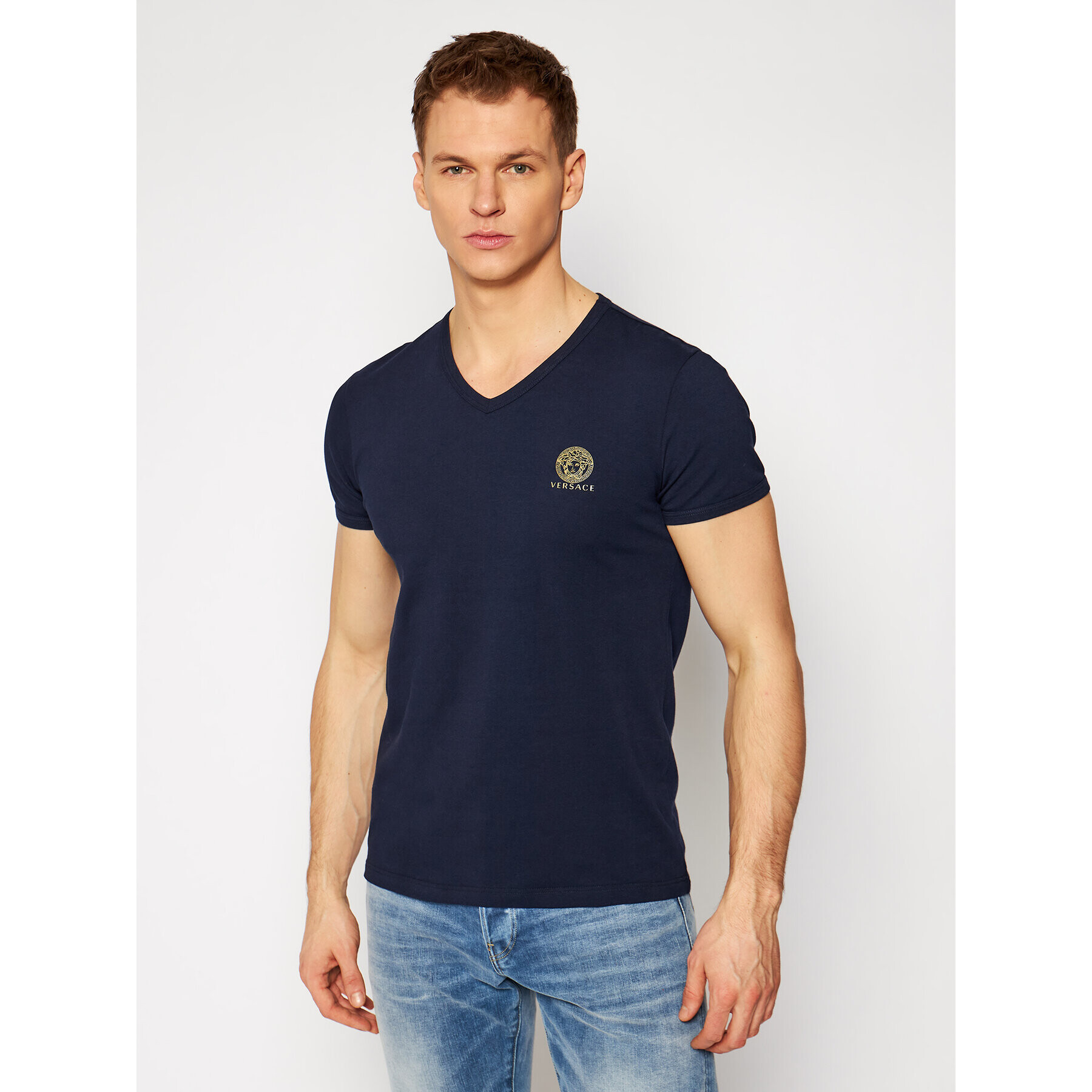 Versace T-Shirt Scollo AUU01004 Tmavomodrá Regular Fit - Pepit.cz