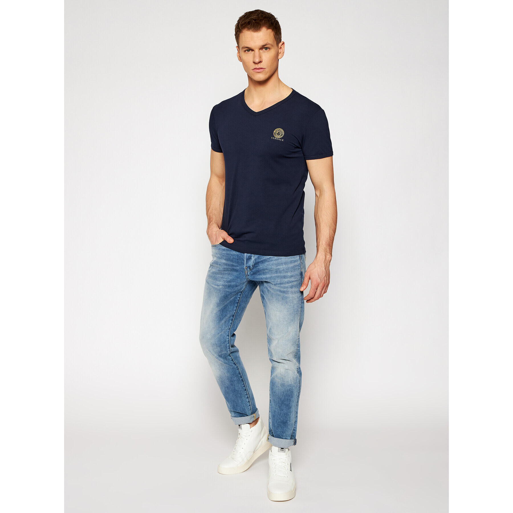 Versace T-Shirt Scollo AUU01004 Tmavomodrá Regular Fit - Pepit.cz