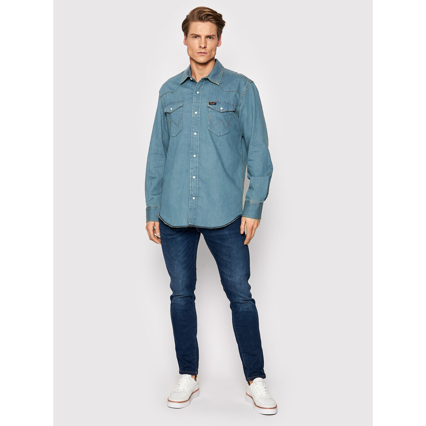 Wrangler džínová košile Ls Workshirt W5D1BKH99 Modrá Regular Fit - Pepit.cz